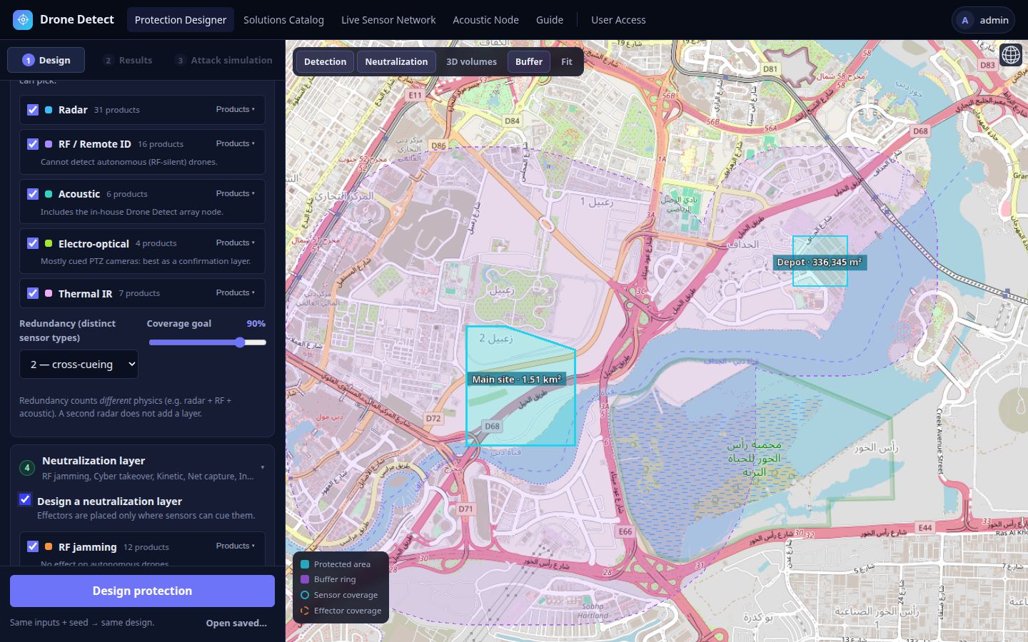 Designer setup: protected areas drawn on the map with detection and neutralization technology choices