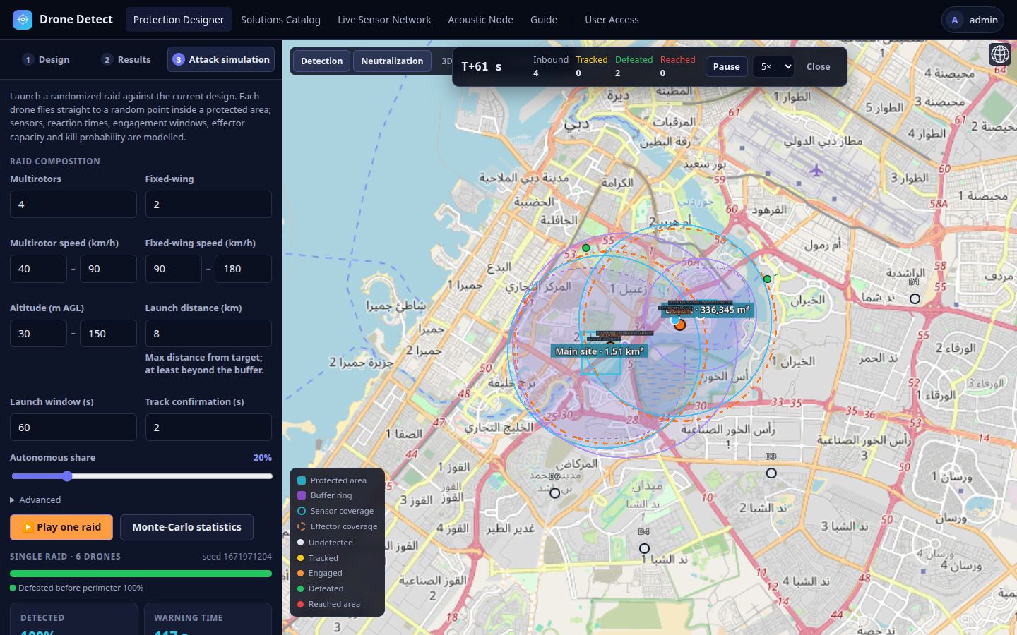 Attack simulation playback with inbound drones, tracked and defeated counts