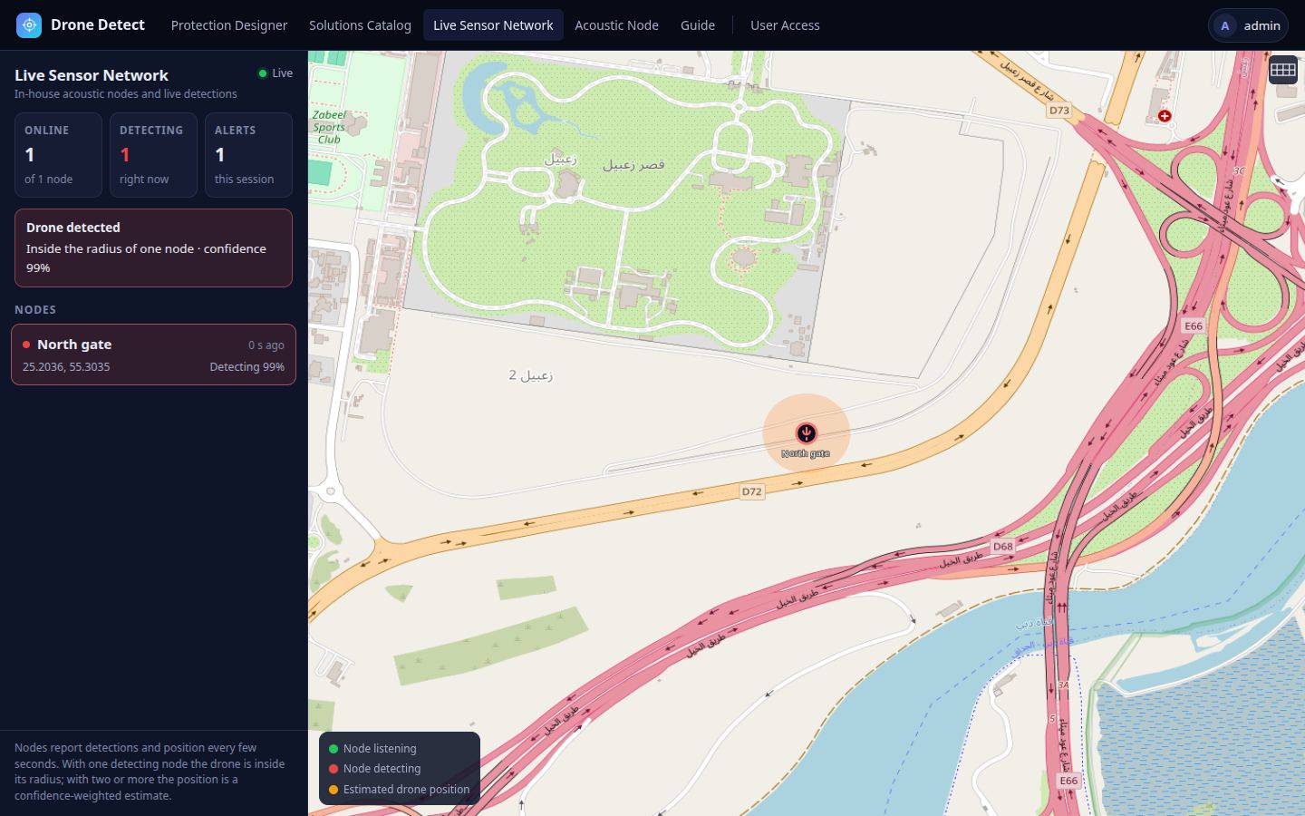Live Sensor Network map showing an acoustic node reporting a drone detection